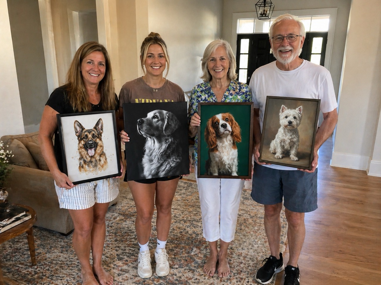 Happy customers holding custom pet portraits in a home
